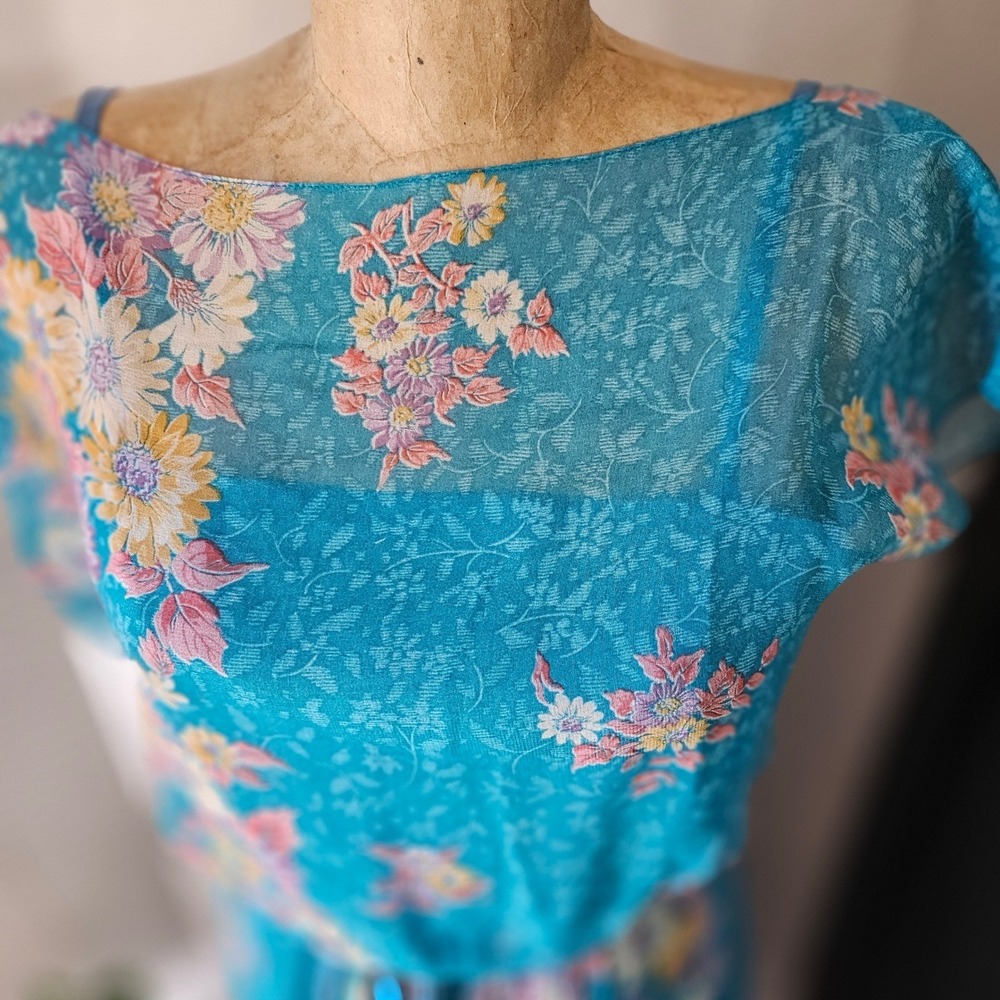 Vintage 70s Floral Midi Dress ILGWU Union Made Sheer Overlay Blue S/M - Picture 2 of 8